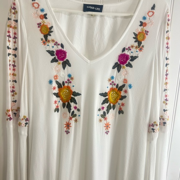 Sugarlips White Embellished Midi Dress with 3/4 Sleeves boho bohemian vacation - Picture 7 of 16